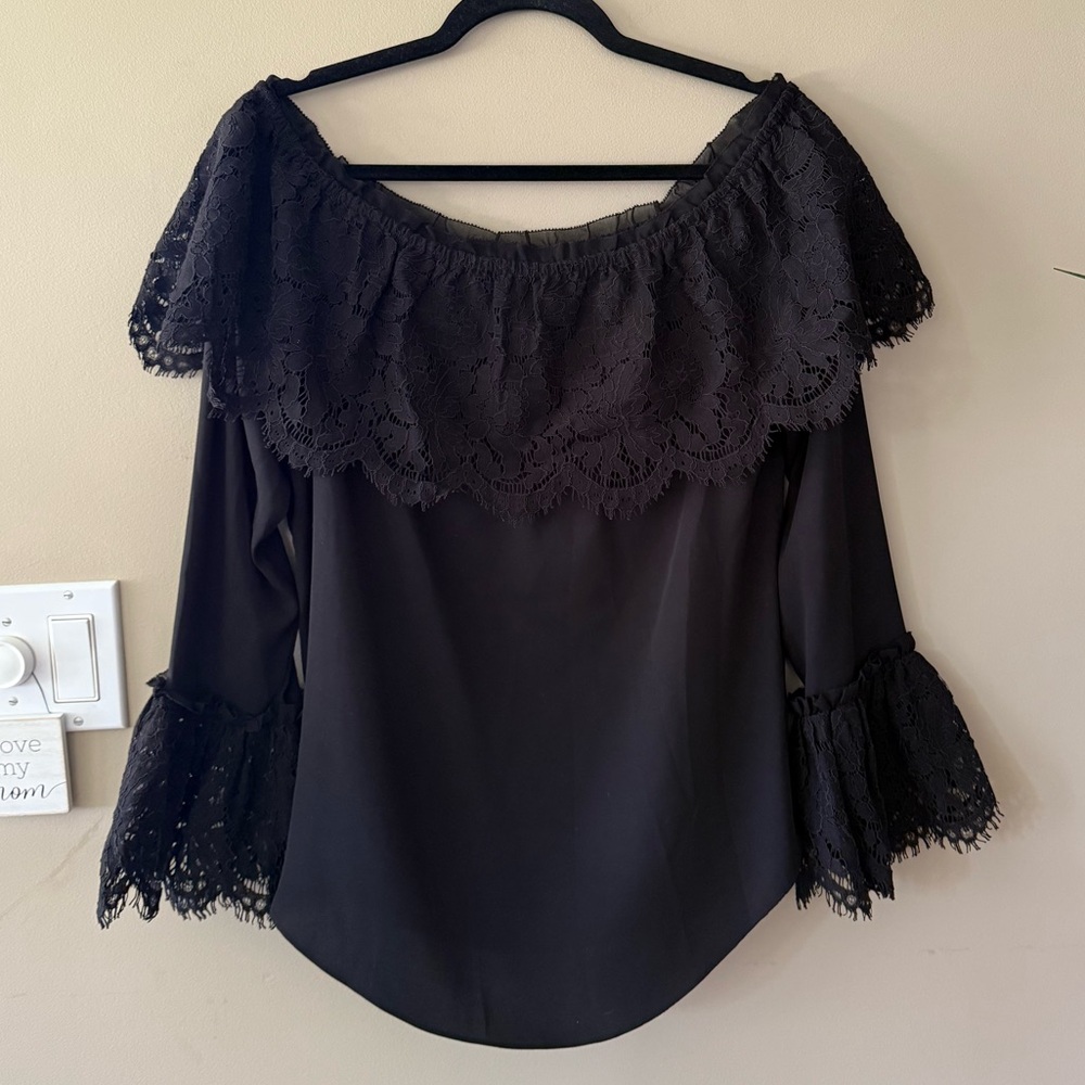 WHBM Black Off-Shoulder Top with Wide Black Lace - Picture 9 of 13